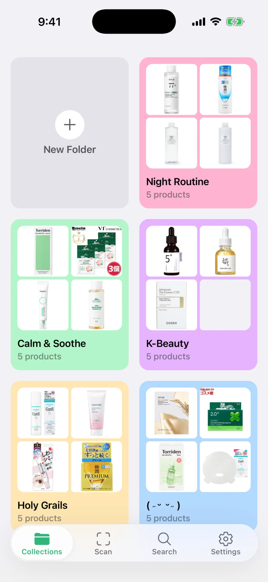 The nemi Collections screen showing saved products organized into folders